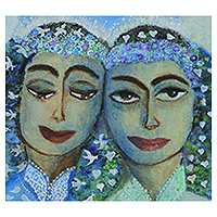 'Compassion and Charity' - Acrylic on Canvas Portrait of Two Women in Naif Style