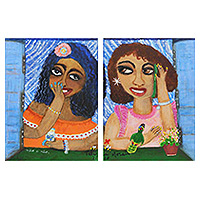 'Gossip Girls' - Colorful Acrylic on Canvas Diptych of Women in Naif Style