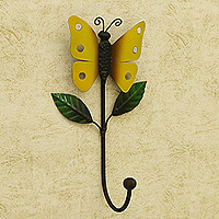 Iron wall hook, 'Happiness Butterfly' - Handcrafted Leafy Iron Wall Hook with Yellow Butterfly