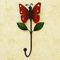 Iron wall hook, 'Passion Butterfly' - Handcrafted Leafy Iron Wall Hook with Red Butterfly