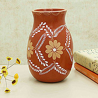 Ceramic decorative vase, 'Spring Bonds' - Handcrafted Floral Ceramic Decorative Vase in Brown