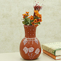 Ceramic decorative vase, 'Sunset at the Garden' - Handcrafted Ceramic Decorative Vase with Floral Motifs