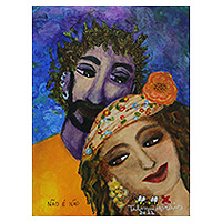 'Love is Beautiful' - Stretched Signed Warm Naif Acrylic Painting of Smiling Woman