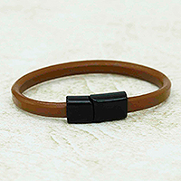 Leather wristband bracelet, 'Brown Cosmopolitan' - Unisex Brown Leather Wristband Bracelet with Zamac Clasp