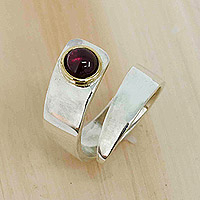 Gold-accented garnet wrap ring, 'Vibrant Embrace' - Sterling Silver Wrap Ring with Garnet on Gold-Plated Bezel