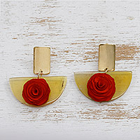 Gold-accented wood and horn dangle earrings, 'Rose Luxury' - 18k Gold-Accented Wood and Horn Rose Dangle Earrings