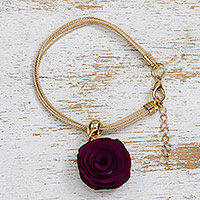 Gold-accented wood and horn pendant bracelet, 'Rose Felicity' - Handmade Wood & Horn Rose Pendant Bracelet with Gold Accent