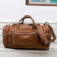 Leather travel bag, 'Brazil in the Light' (small) - Adjustable Light Brown 100% Leather Travel Bag (Small)