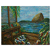 'Tropical Souvenir' - Sea Mountain Flower & Fruit Stand Acrylic Tropical Landscape