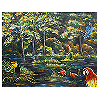 'Amazon Rainforest' - Acrylic on Canvas Painting of Amazon Rainforest with Birds