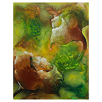 'Autumn Dreams' - Modern Abstract Acrylic Painting in Green Brown and Yellow