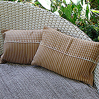 Cotton cushion covers, 'Caramel Portal' (pair) - Handloomed Rectangular Striped Cotton Cushion Covers (Pair)