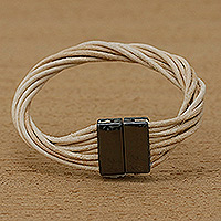 Leather strand bracelet, 'Powerful Together in Beige' - Beige Leather Cord and Stainless Steel Strand Bracelet