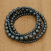 Hematite beaded bracelets, 'Night Forces' (set of 4) - Set of Four Handcrafted Black Hematite Beaded Bracelets