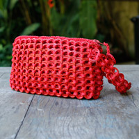 Soda pop-top cosmetic bag, 'Eco-Routine in Red' - Eco-Friendly Zippered Red Soda Pop-Top Cosmetic Bag