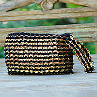 Soda pop-top cosmetic bag, 'Victorious Eco-Routine' - Eco-Friendly Golden and Bronze Soda Pop-Top Cosmetic Bag