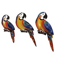 Wood wall adornments Macaw Trio yellow and blue Brazil