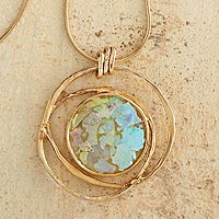 Gold plated glass pendant necklace, 'Roman Mirror' - Gold Plated Roman Glass Necklace