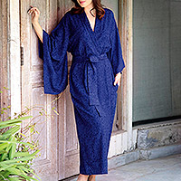 Batik robe, 'Kimono of Blue-Violet Orchids' - Blue Violet Women's Batik Robe from Indonesia