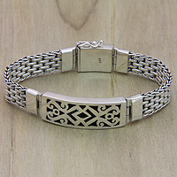 Men's sterling silver pendant bracelet, 'Balinese Warrior' - Men's Handmade Sterling Silver Link Bracelet
