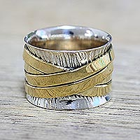 Sterling silver and brass band ring, 'Crisscrossing Grace' - Indian Band Ring Hand Crafted of Sterling Silver and Brass