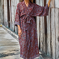 Rayon batik robe, 'Morning Aster' - Women's Grey and Burgundy Hand Stamped Batik Belted  Robe