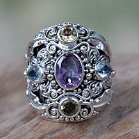 Amethyst and blue topaz cocktail ring, 'Butterfly Queen' - Balinese Amethyst and Blue Topaz Silver Cocktail Ring