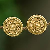 Gold plated filigree button earrings,