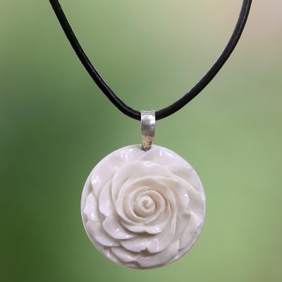 Cow bone and leather pendant necklace, Glorious Rose