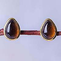Gold vermeil smoky quartz button earrings,
