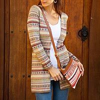 100% Alpaca knit cardigan, 'Pattern Aplenty' - Earth Tone Patterned Striped 100% Alpaca Knit Cardigan