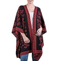 Reversible 100% alpaca ruana, 'Floral Romance in Light Red' - 100% Alpaca Wool Ruana Light Red Black Floral Motif Peru