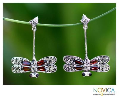 Garnet drop earrings, Dragonfly