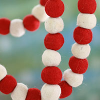 Wool Christmas tree garland, 'Candy Cane Pompoms' - Red and White Handmade Felt Holiday Garland