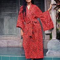 Cotton batik robe, 'Red Floral Kimono' - Women's Red Cotton Batik Wrap and Tie Robe