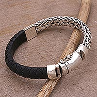 Leather and sterling silver wristband bracelet, 'Bali Valor' - Leather Accent Sterling Silver Wristband Bracelet from Bali