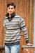 Men's 100% alpaca sweater, 'Huascaran Explorer' - Grey and Ivory Men's Alpaca Sweater with a Zipper Turtleneck thumbail