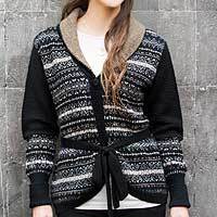 100% alpaca cardigan, 'Midnight Medley' - Black Alpaca Cardigan with White and Brown Motifs