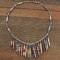 Hematite and recycled paper waterfall necklace,
