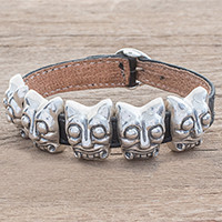 Leather accent sterling silver pendant bracelet,