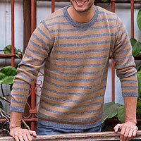 Men's 100% alpaca sweater, 'Horizons' - Men's Gray and Tan Alpaca Wool Sweater