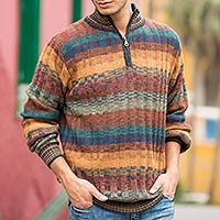 Men's 100% alpaca sweater, 'Voyager' - Peruvian 100% Alpaca Men's Zip-Turtleneck Hand Knit Sweater