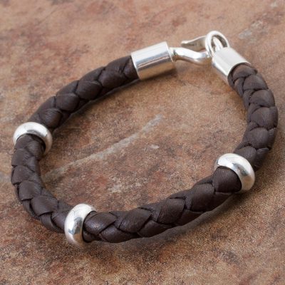 Mens leather braided bracelet, Bold Brown