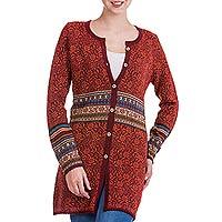 100% alpaca cardigan, 'Wine Red Romance' - 100% Alpaca Cardigan in Wine Floral Motifs from Peru