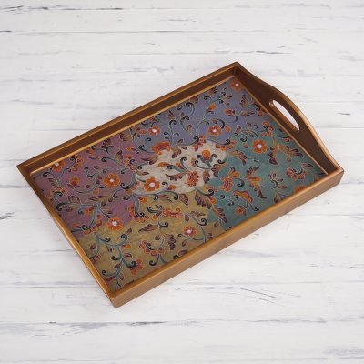 Reverse painted glass decorative tray, Psychedelic Flowers