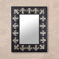 Leather wall mirror, 'Golden Fleur-de-Lis' - Fleur-de-Lis Motif Leather Wall Mirror from Peru