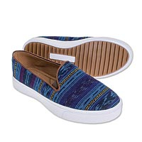 Cotton slip-on sneakers, 'Guatemalan Adventure' - Jaspe Weave Blue Cotton Slip-on Sneakers