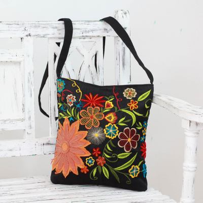 Embroidered cotton blend shoulder bag, Tropical Paradise