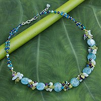 Quartz and aquamarine beaded necklace,