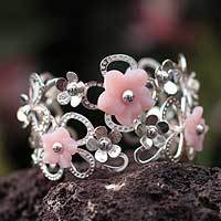 Rose quartz flower cuff bracelet,